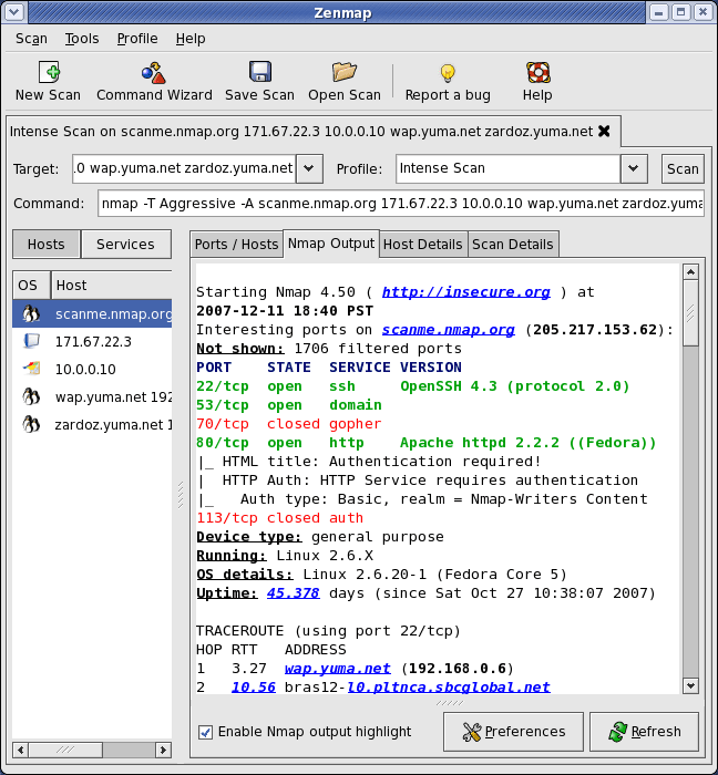 Nmap Zenmap overview screenshot