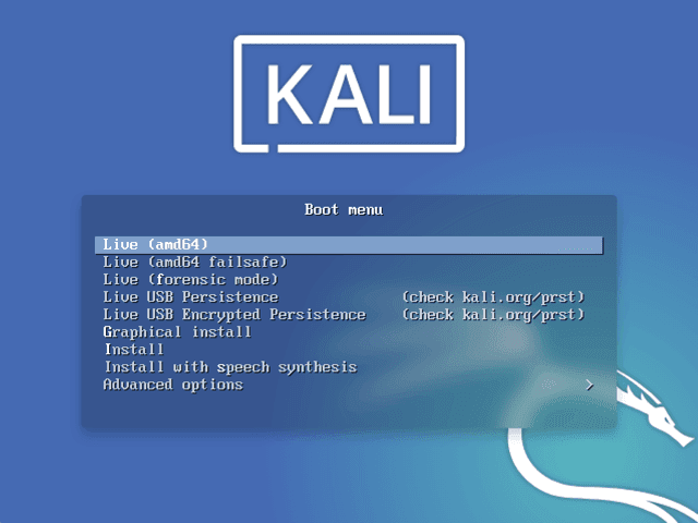 Kali live boot menu